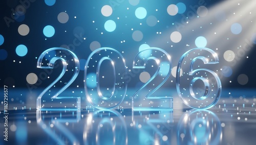 2026 glass numbers on blue bokeh background