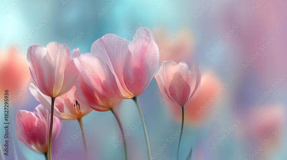 Fototapeta premium Delicate and dreamy close-up of pink tulip flowers with gentle blurring, Delicate floral arrangement on a pastel background