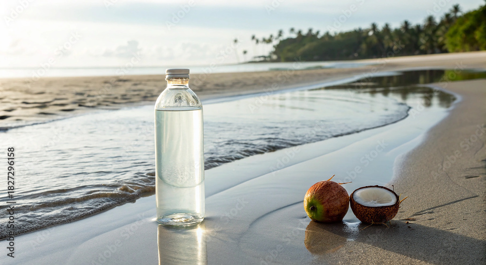 Obraz premium Pure Coconut Water In Minimalist Style With Natural Beach Reflection Background