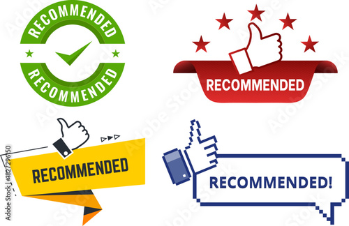 Endorsement Badge Collection Recommended Seals with Thumbs Up and Checkmarks for Product Approval and Social Proof Graphics