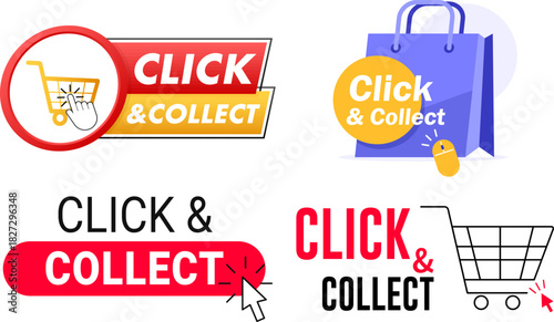 E commerce Service Badges Click and Collect Graphics with Shopping Carts and Cursor Icons for BOPIS Retail Promotions