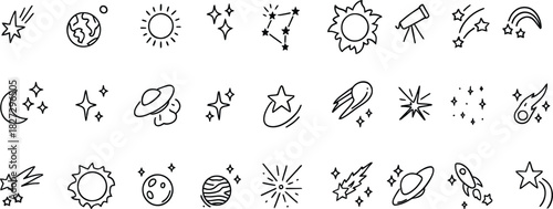 Doodle outer space cosmic icons set. Planets, constellation, spacecraft, rocket hand drawn linear illustration. Falling stars and comets. Alien ship black and white vector