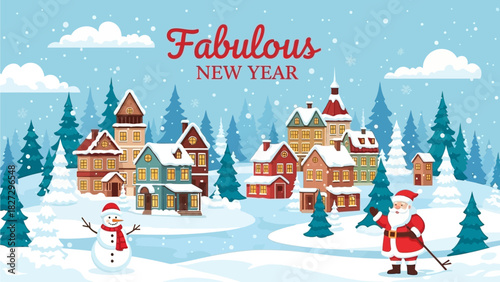 Festive New Year's Eve Celebration A Charming Winter Village Scene with Santa and Snowman