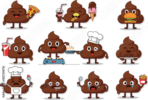 Cartoon Poop Character Set with Food, Funny Emoji Collection