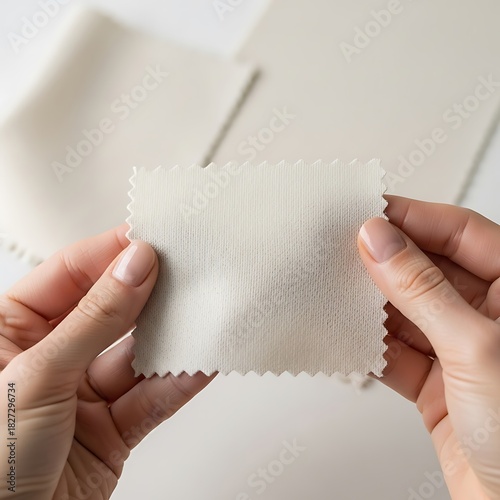 Hands holding a neutral fabric swatch, showing textile samples for design