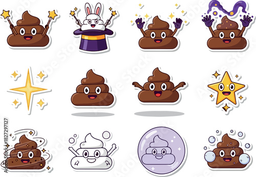 Set of whimsical poop emojis with varied expressions and sparkling effects