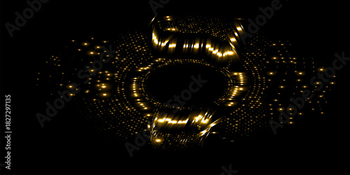 Digital circles of golden glowing dots. Information particles in neural network. Visualization of big data in cyberspace. Vector illustration