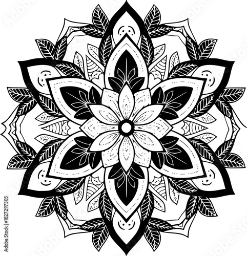 Elegant Black and White Mandala Design Intricate Floral Pattern for Art, Decor, and Spiritual Practices
