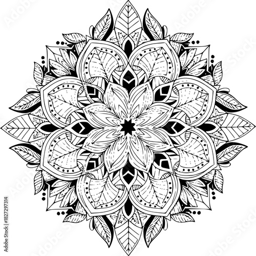 Elegant Black and White Mandala Design Intricate Floral Pattern for Art, Decor, and Spiritual Practices
