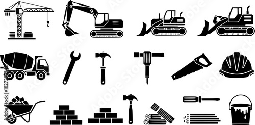 Construction Equipment Icons Heavy Machinery, Tools & Building Materials Set
