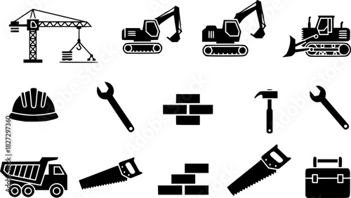 Construction Equipment Icons Heavy Machinery, Tools & Building Materials Set
