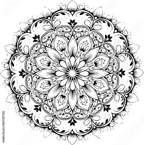 Elegant Black and White Mandala Design Intricate Floral Pattern for Art, Decor, and Spiritual Practices
