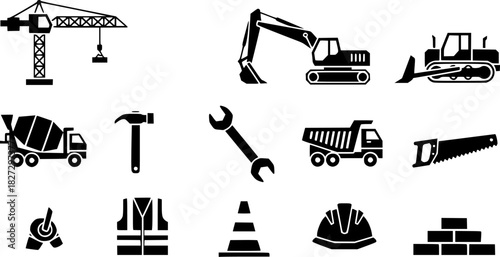 Construction Equipment Icons Heavy Machinery, Tools & Building Materials Set
