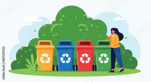 Young woman sorting different types of waste into color-coded recycling bins in an outdoor park setting, emphasizing environmental responsibility.