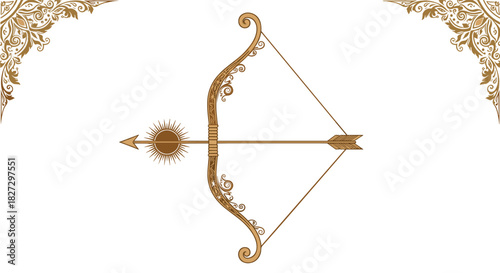 Elegant golden ornate bow and arrow with a radiant sunburst motif, framed by decorative corner elements on a white background.