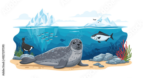 A harbor seal sits on a sandy beach at the edge of the arctic ocean, with icebergs, a diving bird, and various fish swimming underwater.