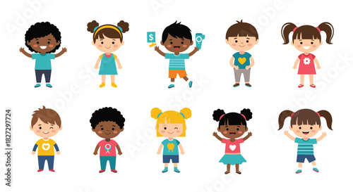 Cheerful group of diverse cartoon children, boys and girls, standing and smiling, representing different ethnicities and playful innocence.