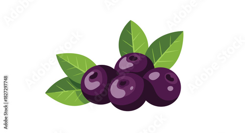 A vibrant illustration of a cluster of fresh blueberries with green leaves, presented on a clean white background.