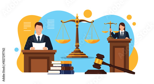 A male judge and a female lawyer are depicted with scales of justice, legal books, and a gavel, representing the legal system and court.