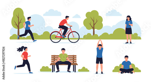 People of various ages participate in healthy outdoor activities like running, cycling, exercising, and meditation in a sunny park landscape.