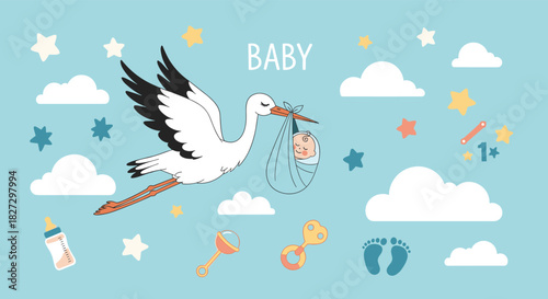 Stork delivering a newborn baby in a blue bundle, surrounded by playful baby items, clouds, and stars on a gentle blue background.
