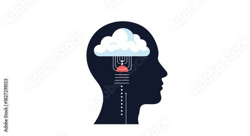 Conceptual image of a human head integrated with a cloud and processing elements, symbolizing artificial intelligence, data, and intelligent thought.