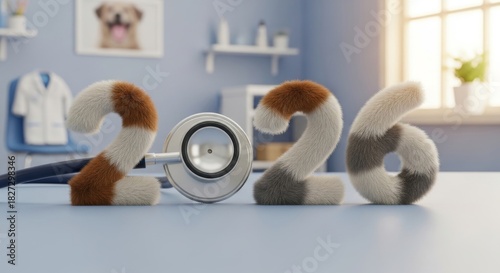 Veterinary Clinic Year 2026 Furry Numbers - The depicts the numbers 2026 formed from furry material with a stethoscope, symbolizing animal health and veterinary care