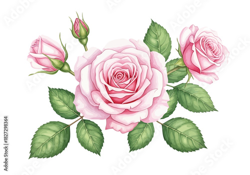 Beautiful watercolor illustration of pink rose flower bloom with buds and green leaf branch