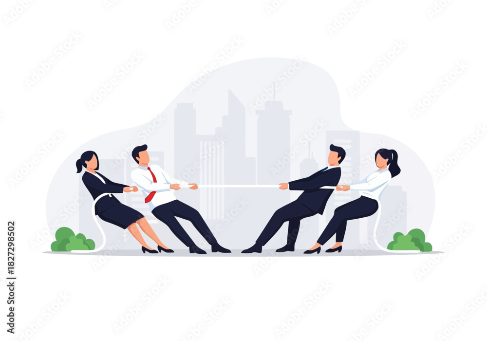 Fototapeta premium Business team competition in tug of war game symbolizing corporate rivalry, conflict, and teamwork challenge