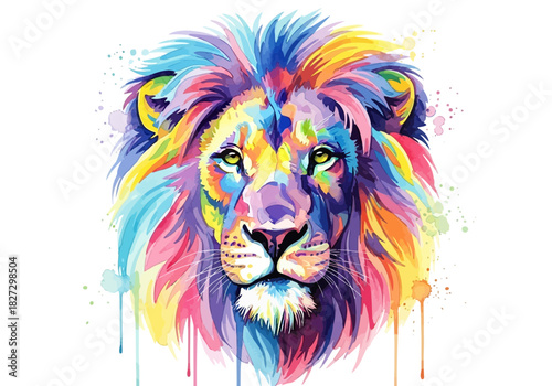 Vibrant watercolor painting of a majestic lion head with a colorful mane
