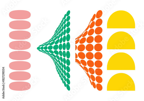 Abstract graphic design showing data transformation with pink oval input, green and orange funnel shapes, and yellow semicircle output