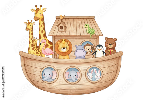 Cute watercolor illustration of noahs ark filled with various baby animal pairs sailing on water