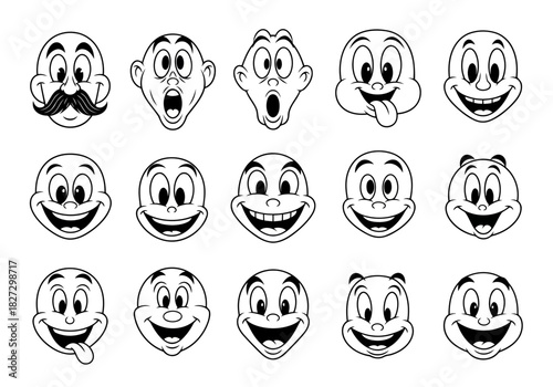 Collection of fifteen cartoon face expression icons showing various emotion like happy, surprised, silly, and goofy