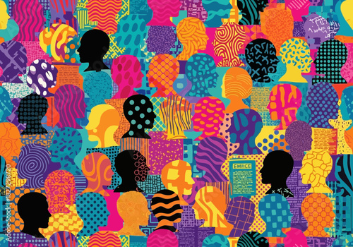Vibrant abstract pattern of diverse human head silhouettes representing community, unity, and multiculturalism in bright colors