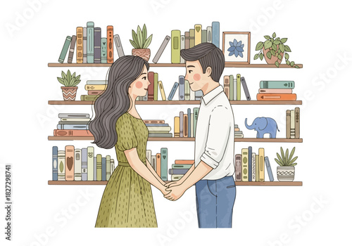 Sweet illustration of a young couple holding hands in front of a bookshelf filled with book and plant decoration