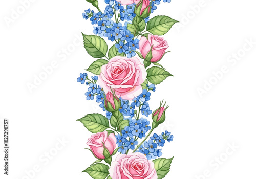 Watercolor seamless border pattern with delicate pink rose flower bud and small blue forgetmenot bloom