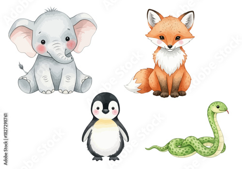 Cute watercolor illustration set of baby jungle and arctic animal characters including elephant, fox, penguin, and snake