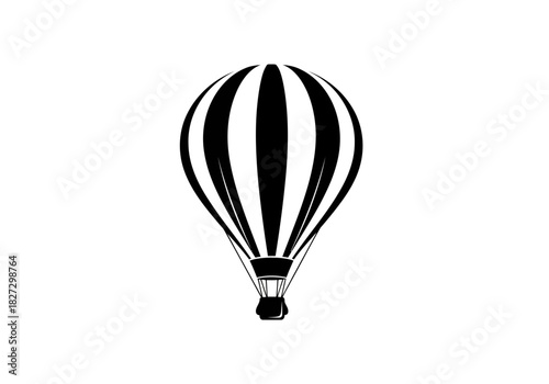 Black and white graphic illustration of a hot air balloon with vertical stripes