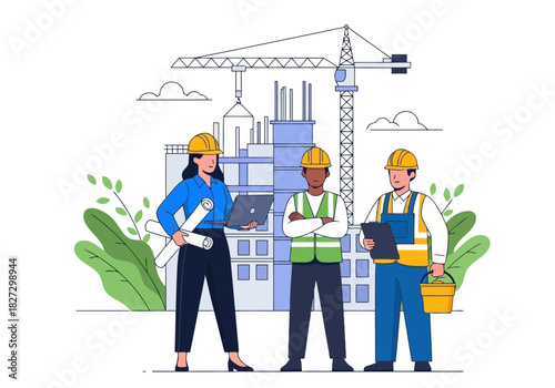 Three construction worker professional team with hard hat standing at building site with crane