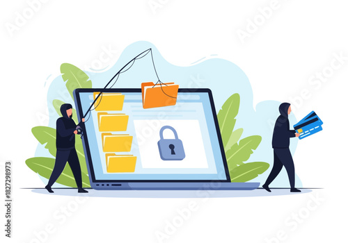 Cyber security concept showing hacker fishing for data from laptop screen with padlock, representing phishing and data theft threat