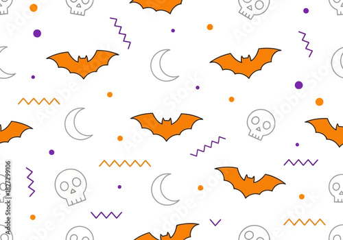 Seamless pattern with orange bat, white skull, and crescent moon icons for halloween celebration