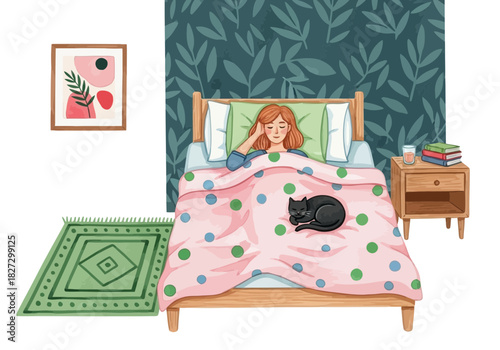 Woman sleeping peacefully in bed with her black cat on a cozy morning next to a nightstand