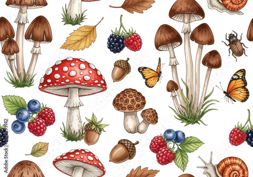 Watercolor seamless pattern with various mushroom, berry, acorn, butterfly, and insect elements