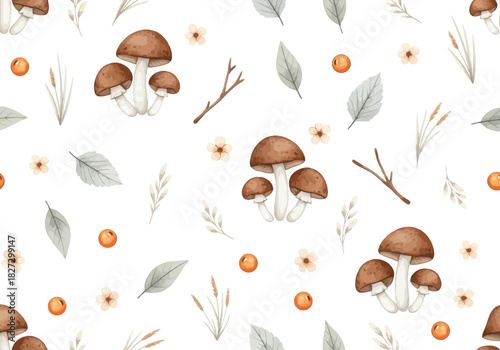 Watercolor seamless pattern with cute brown mushrooms, small orange flower, leaf, and branch on
