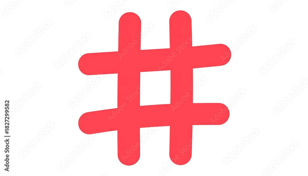 Fototapeta premium A large, bright red hashtag symbol is centered on a clean white background. The lines of the shape are rounded