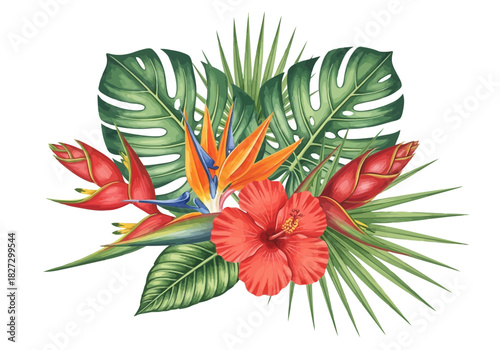 Watercolor tropical flower bouquet with bird of paradise, hibiscus, and monstera leaf