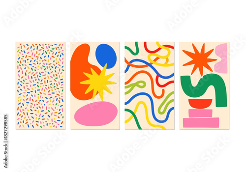 Set of four modern abstract art prints with colorful geometric shapes, lines, and confetti pattern