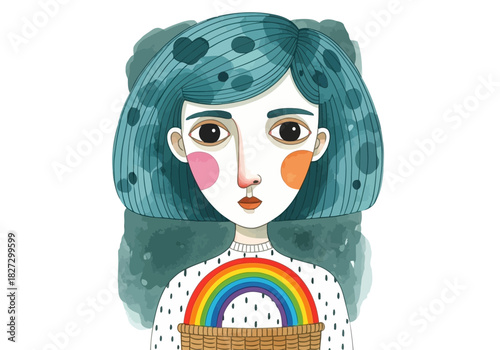 Portrait of a young girl with blue hair holding a basket with a rainbow