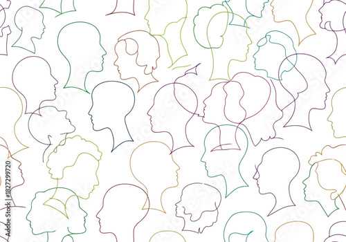 Seamless pattern of diverse human head silhouettes in profile view drawn with thin, colorful, overlapping outline lines