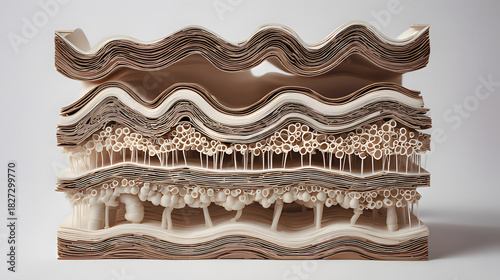disequilibrium. Anatomical model of connective tissue layers in neutral tones, medical illustration style. STEM education sheets, lab safety posters, designed for biotech research communications.